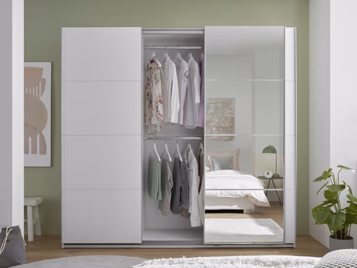 Schwebetürenschrank- B ca. 215 cm, Weiß, Spiegel
