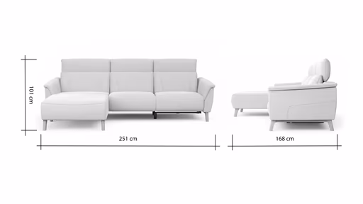 Ecksofa Nevin - Longchair links mit 2-Sitzer rechts, inkl. Relaxfunktion (motorisch) und Kopfpolsterverstellung, Stoff, Weiß