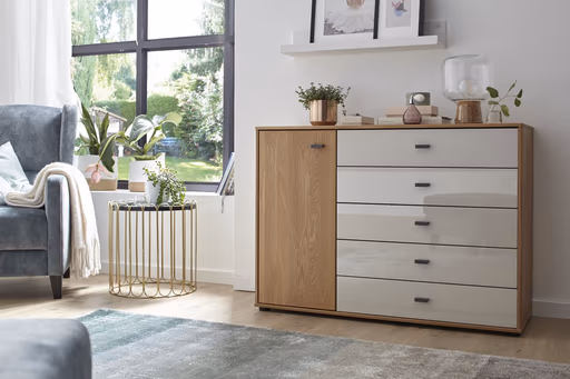 Kommode Lenoso - Eiche massiv, Glas Champagner