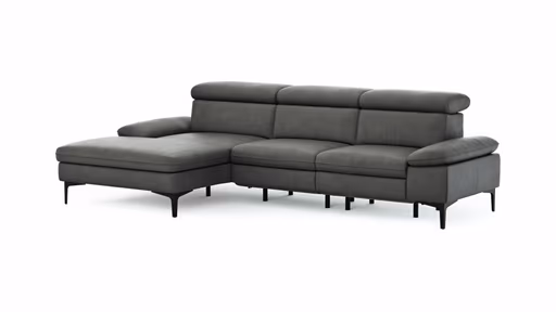 Ecksofa Felipa - Longchair links mit 2,5-Sitzer inkl. Armlehne verstellbar und Rückenlehne/Sitztiefe verstellbar (motorisch), Leder, Grau