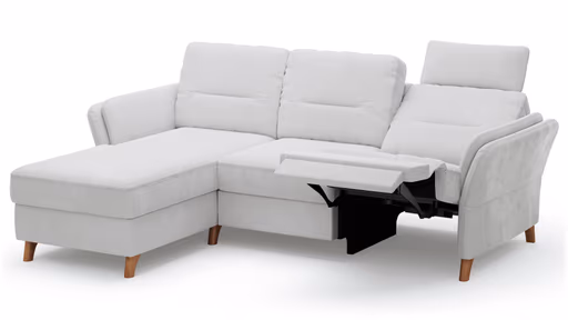 Ecksofa Vayra - Longchair links mit 2,5-Sitzer rechts, inkl. Relaxfunktion (motorisch) und Kopfstütze verstellbar (manuell), Stoff, Offwhite