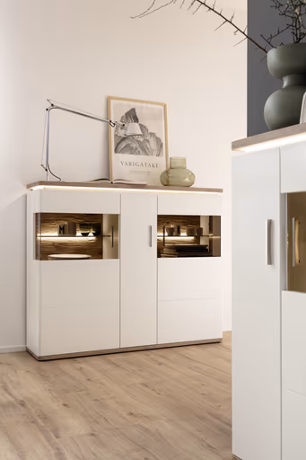 Highboard mit Beleuchtung - Weiß, Absetzung Eiche