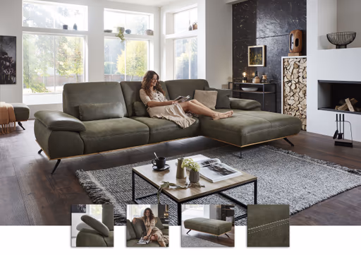 Ecksofa - 3-Sitzer mit Longchair rechts, Leder, Olive