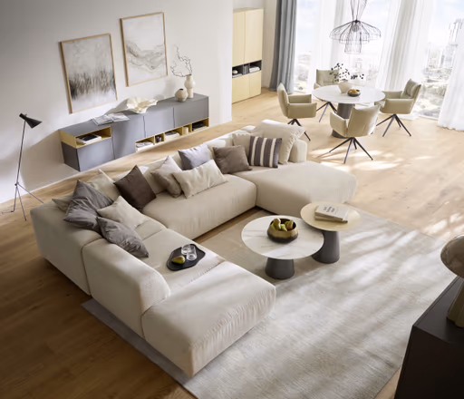 Ecksofa Caruso - Ecke links, 2-Sitzer, Longchair rechts, inklusive Kissen, Stoff, Ecru