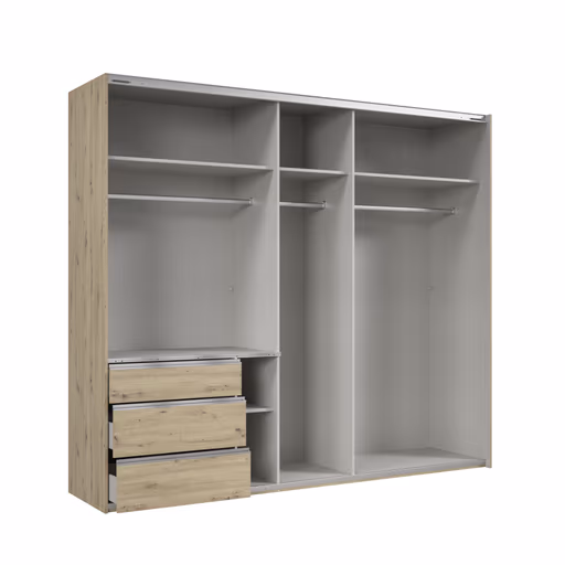 Schwebetürenschrank- B ca. 250 cm, Eiche Dekor, Weiß, Spiegel