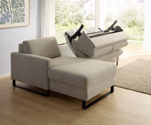 Schlafsofa Laredo - Longchair mit 2-Sitzer rechts inkl. Schlaffunktion mit Bettkasten, Stoff, Graubeige