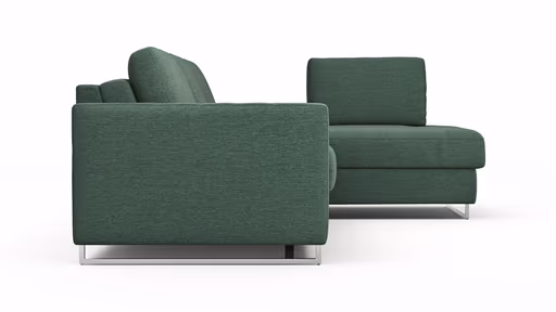 Ecksofa Nuoro - 2-Sitzer mit Longchair rechts inkl. Schlaffunktion und Bettkasten, Stoff, Dunkelgrün