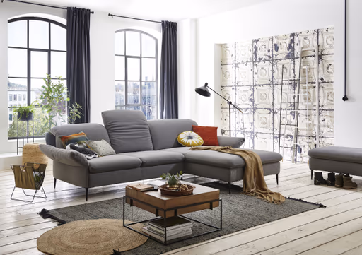 Ecksofa - 2,5-Sitzer mit Longchair rechts, inkl. Rückentiefen- und Kopfteilverstellung, Stoff, Grau