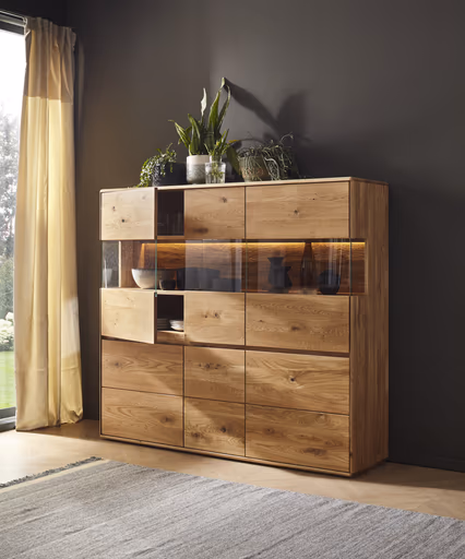 Highboard Hillsboro - inkl. Beleuchtung, Wildeiche natur, geölt