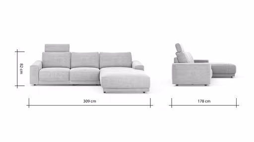 Ecksofa Balok - 2,5-Sitzer mit Longchair groß rechts, inkl. Relaxfunktion (motorisch) und Kopfstütze, Stoff, Eisengrau