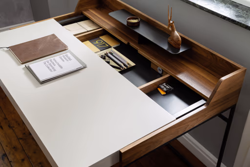 Schreibtisch - Nussbaum, Natur, Lack, Weiß