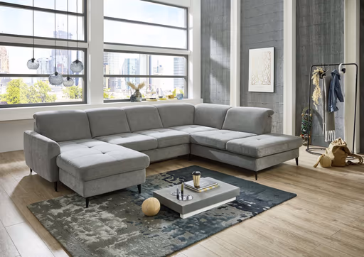 Wohnlandschaft - Longchair links mit 2,5-Sitzer und Ecke rechts, Sitztiefe verstellbar, Stoff, Grau