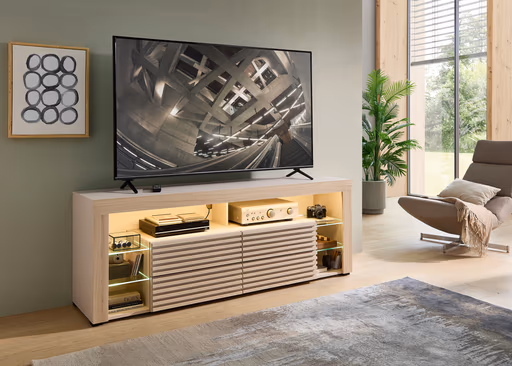 TV-Lowboard - mit Beleuchtung, B ca. 179 cm, Kaschmir, Riva Eiche Nachbildung