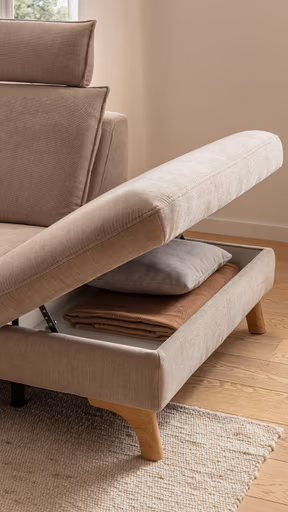 Ecksofa Tulsa KS - 2,5-Sitzer, Spitzecke und 1,5-Sitzer mit Anstellhocker aufklappbar rechts, inkl. Kopfstütze, AL verstellbar und Schlaffunktion, Stoff, Graubeige