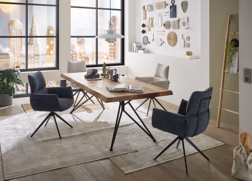 Esstisch - LB ca. 220x100 cm, Wildeiche massiv geölt, Baumkante, Schwarz