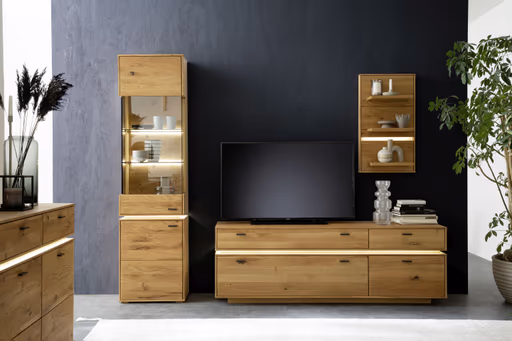 Wohnwand - mit Beleuchtung, Wildeiche massiv