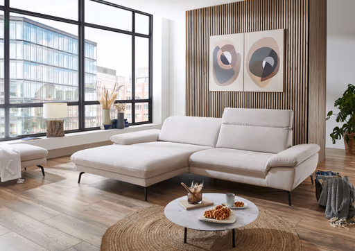 Ecksofa - Longchair links mit 1,5-Sitzer, Kopfteil verstellbar, Stoff, Ecru