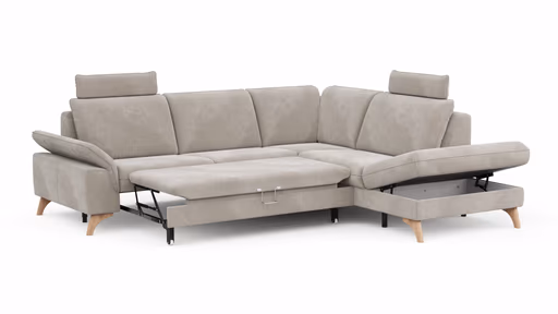 Ecksofa Tulsa KS - 2,5-Sitzer, Spitzecke und 1,5-Sitzer mit Anstellhocker aufklappbar rechts, inkl. Kopfstütze, AL verstellbar und Schlaffunktion, Stoff, Graubeige