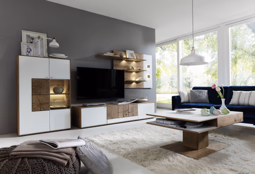 Couchtisch - Schublade, LBH105x75x46 cm, Kerneiche massiv, Mattglas, Weiß