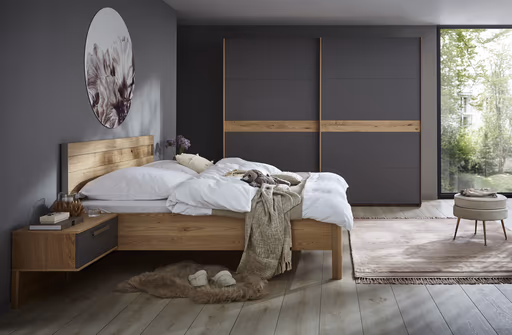 Nachtkonsole Viana - Lack, Steingrau, Furnier, Balkeneiche