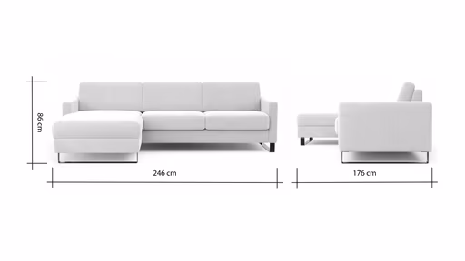Schlafsofa Laredo - Longchair mit 2-Sitzer rechts inkl. Schlaffunktion mit Bettkasten, Stoff, Graubeige