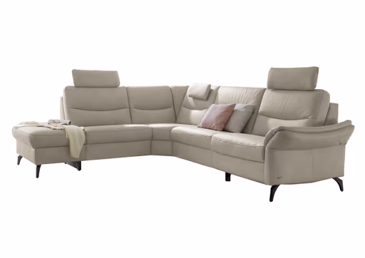 Ecksofa EM Amarante - mit Kopfstützen, Nackenkissen, Ecke links mit 3-Sitzer, Leder, beige
