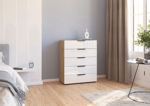 Kommode RIPP- Eiche Dekor, Glas, Weiß