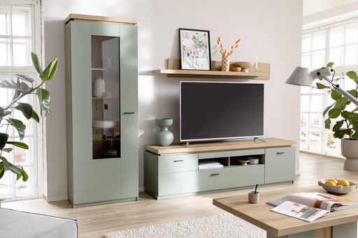 TV-Lowboard - mit Beleuchtung, B ca. 195 cm, Salbeigrün, Eiche Evoke Nachbildung