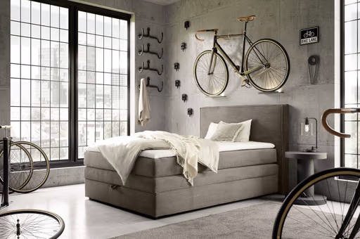 Boxspringbett JANETT- Liegefläche ca. 140x200 cm, Stoff, Hellbraun 