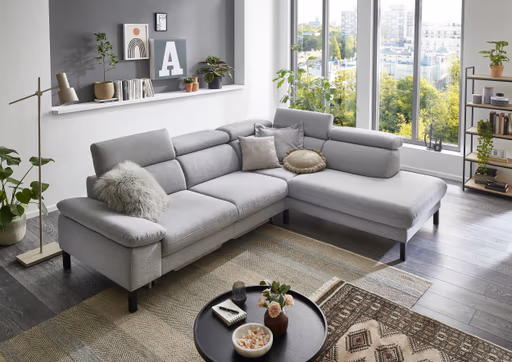 Ecksofa - 2,5-Sitzer mit Ecke rechts, Kopfteil verstellbar, Stoff, Platin