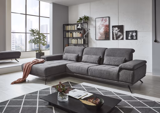 Sofa - Longchair links mit 3-Sitzer inkl. Kopfteil verstellbar, Stoff, Anthrazit