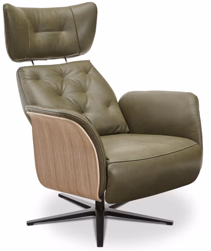 Drehsessel Aberdeen - Größe M, inkl. Relaxfunktion, Holzblende furniert, Nussbaum, Leder, Moos