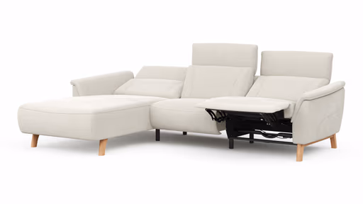 Ecksofa Nevin - Longchair links mit 2-Sitzer rechts, inkl. Relaxfunktion (motorisch) und Kopfpolsterverstellung, Stoff, Weiß