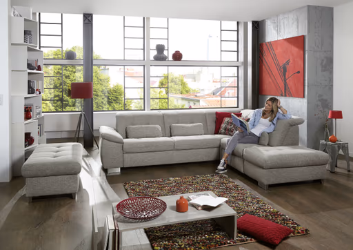 Ecksofa - 3-Sitzer mit Ecke rechts, Kopfteil verstellbar, Stoff, Silbergrau