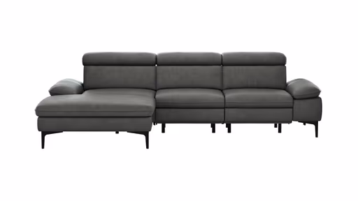 Ecksofa Felipa - Longchair links mit 2,5-Sitzer inkl. Armlehne verstellbar und Rückenlehne/Sitztiefe verstellbar (motorisch), Leder, Grau