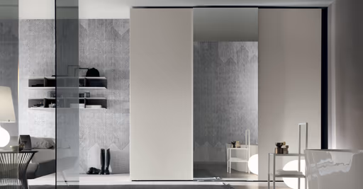 Schiebetuerenschrank Loretto - B ca. 304 cm, Lack, Hellgrau, Spiegel