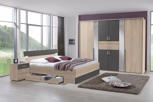 Drehtürenschrank- B ca. 270 cm, Eiche Dekor, Grau, Spiegel