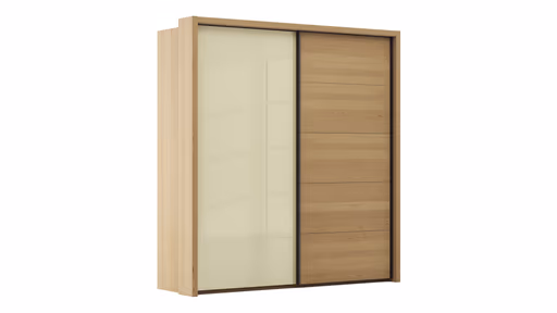 Schwebetürenschrank Lenoso - B. ca. 210 cm, Eiche massiv, Glas Champagner