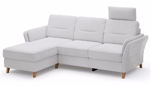 Ecksofa Vayra - Longchair links mit 2,5-Sitzer rechts, inkl. Relaxfunktion (motorisch) und Kopfstütze verstellbar (manuell), Stoff, Offwhite