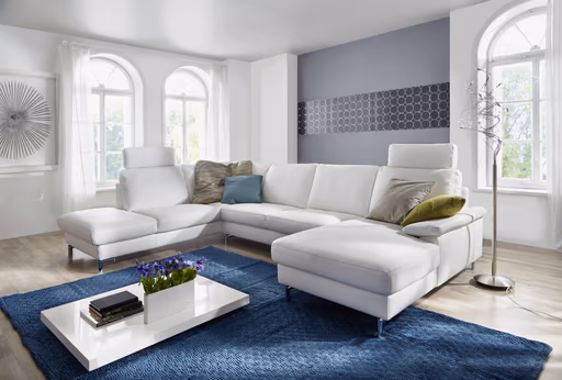  Wohnlandschaft - Ecke links mit 2-Sitzer und Longchair rechts, Leder, Weiß