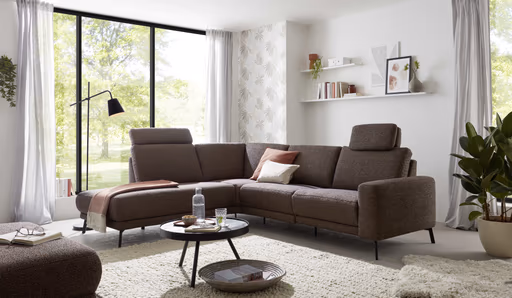 Ecksofa EM Santarem - mit Kopfstützen, Ecke links mit 3-Sitzer, Stoff, Grau