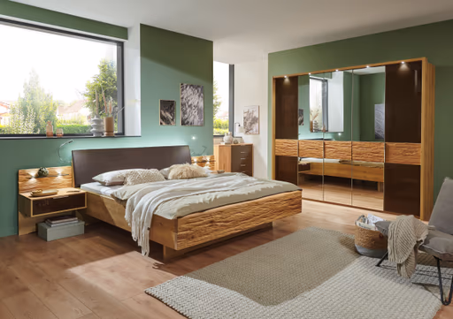 Drehtürenschrank - inkl. Passepartout mit LED-Beleuchtung, B ca. 256,4 cm, Bianco-Eiche teilmassiv, Querriegel massiv, Glas Mocca