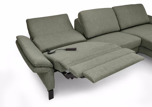 Ecksofa CALM PREMIUM 2.0 - Longchair links mit 3-Sitzer, Relaxfunktion motorisch, Armlehne verstellbar, Stoff, Dunkelgrün