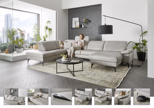 Wohnlandschaft - Ecke links mit 2,5-Sitzer und Longchair rechts, Kopfteil verstellbar, Leder, Alufarben