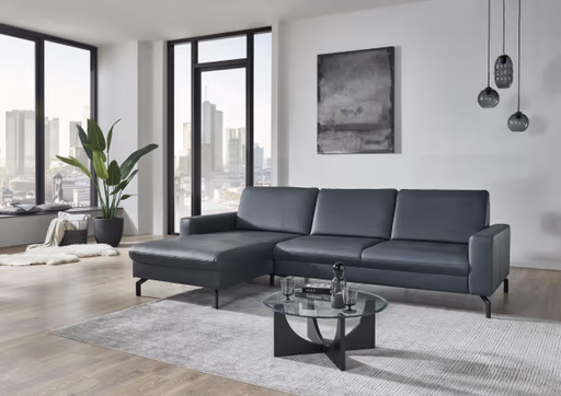 Ecksofa - Longchair links mit 3-Sitzer, Leder, Blau