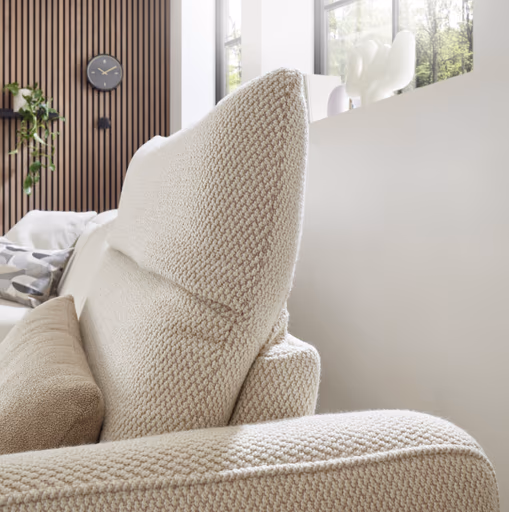 Ecksofa EM Miramar - Longchair links mit 3-Sitzer, Kopfteil/Sitztiefe verstellbar, Stoff, beige