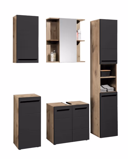 Hochschrank- B ca. 34 cm, Vintage Holz, Schwarz, Matt, Tiefzieh