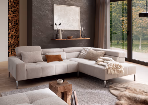 Ecksofa - 2-Sitzer mit Ecke rechts, Kopfteil/Sitztiefe verstellbar, Stoff, Natur