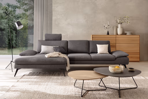 Ecksofa Collina - Longchair links, 2,5-Sitzer inkl. Sitztiefen- u. Armlehehnenverstellung, Stoff, Dunkelgrau