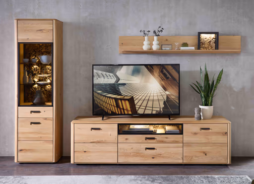 Wohnwand - mit Beleuchtung, Wildeiche massiv